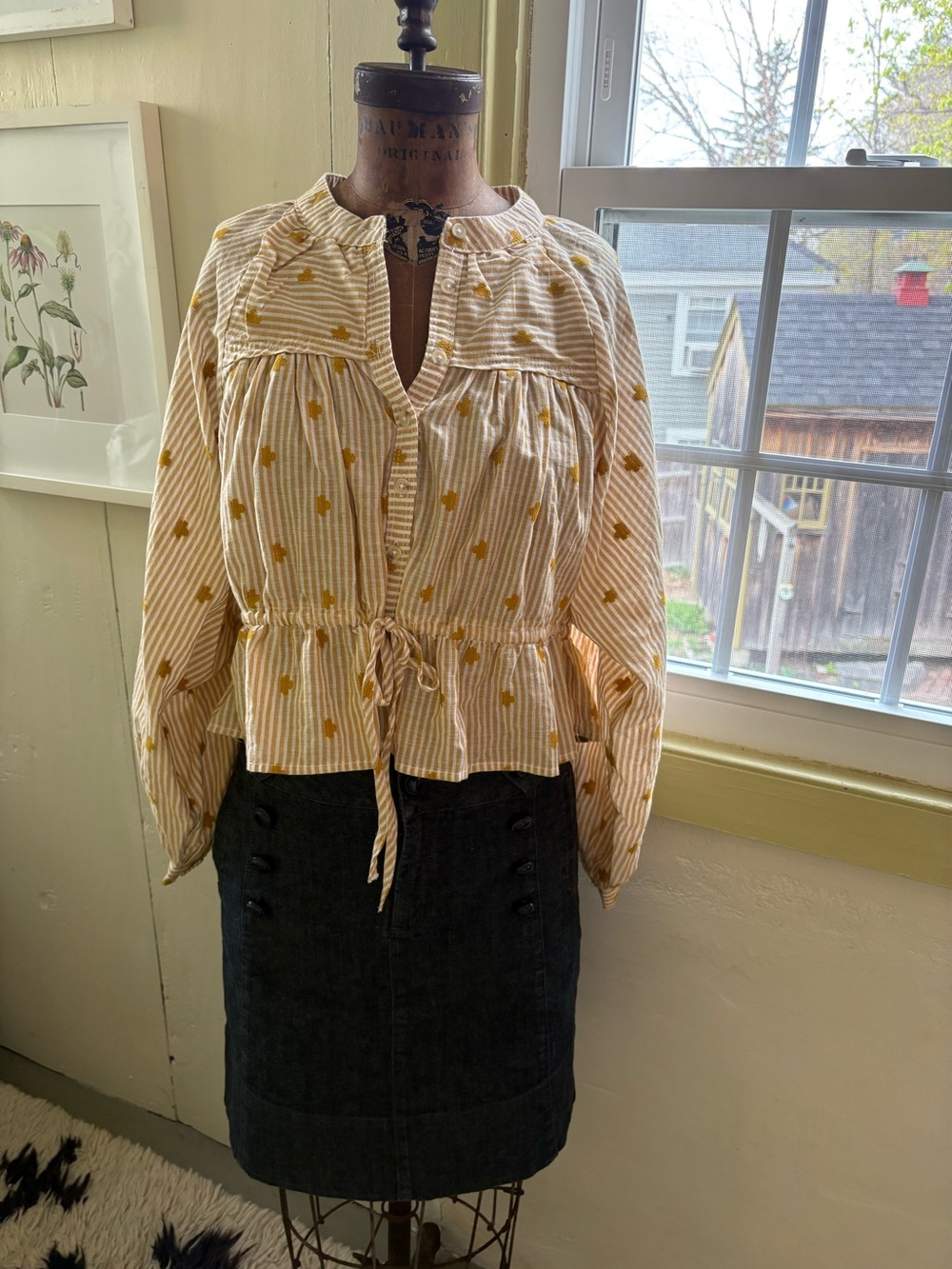 New XXS Pilcro Yellow & White Striped Cotton Peplum Drawstring Blouse
